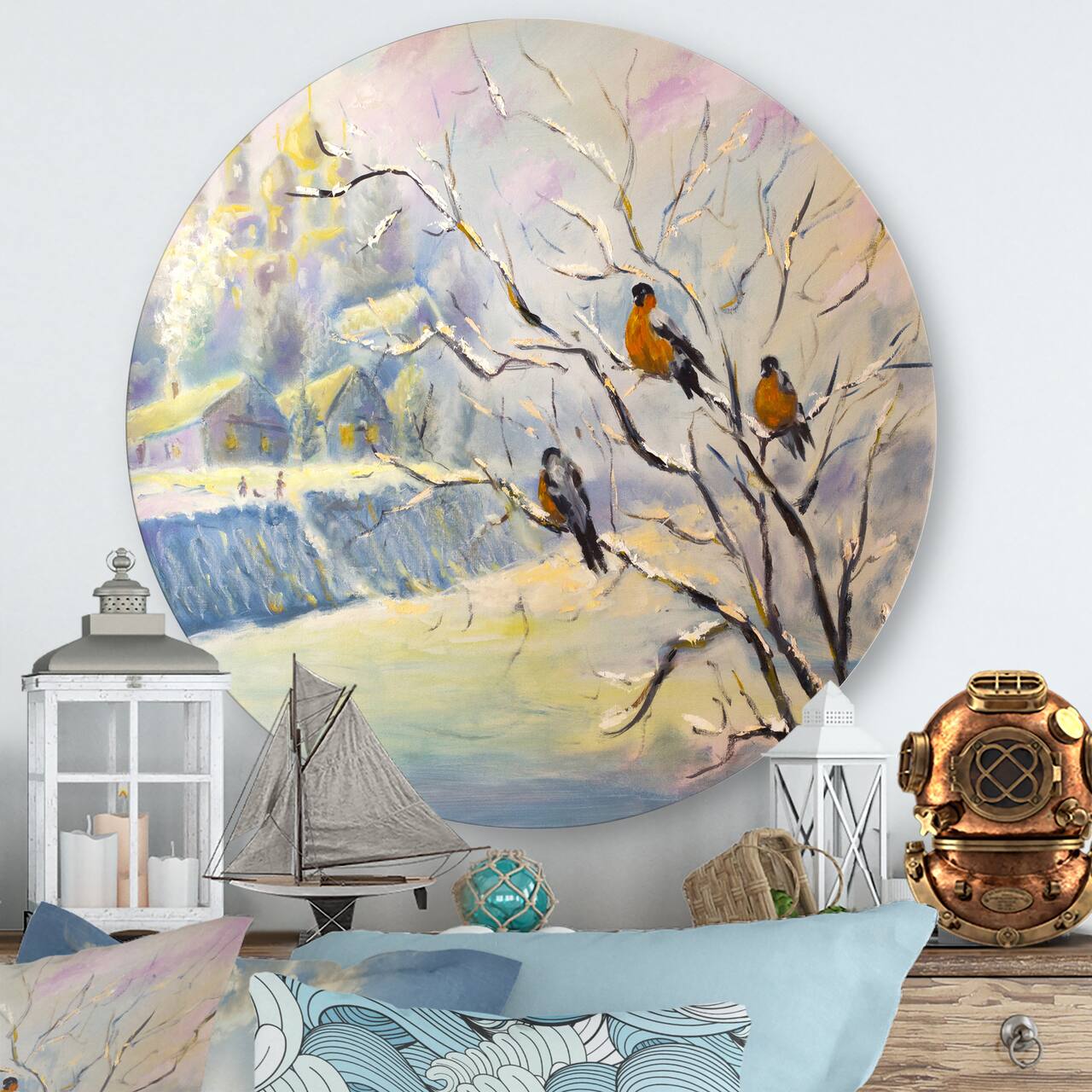 Designart - Rustic Birds On A Tree In Winter Village - Farmhouse Metal Circle Wall Art
